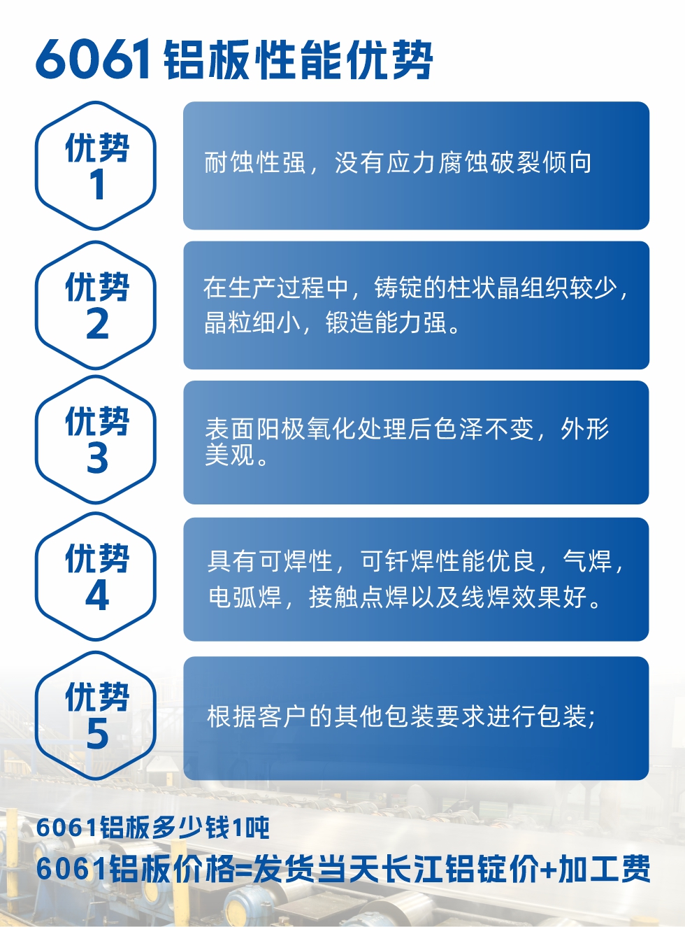 明泰鋁業6061鋁板性能優勢

　　1、耐蝕性強，沒有應力腐蝕破裂傾向。

　　2、在生產過程中，鑄錠的柱狀晶組織較少，晶粒細小，鍛造能力強。

　　3、表面陽極氧化處理后色澤不變，外形美觀。

4、具有可焊性，可釬焊性能優良，氣焊，電弧焊，接觸點焊以及線焊效果好。