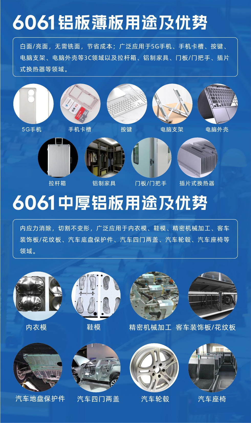 6061鋁板薄板用途及優勢:白面/亮面，無需銑面，節省成本；廣泛應用于5G手機、手機卡槽、按鍵、電腦支架、電腦外殼等3C領域以及拉桿箱、鋁制家具、門板/門把手、插片式換熱器等領域。
6061中厚鋁板用途及優勢:內應力消除，切割不變形，廣泛應用于內衣模、鞋模、精密機械加工、客車裝飾板/花紋板、汽車底盤保護件、汽車四門兩蓋、汽車輪轂、汽車座椅等領域。
